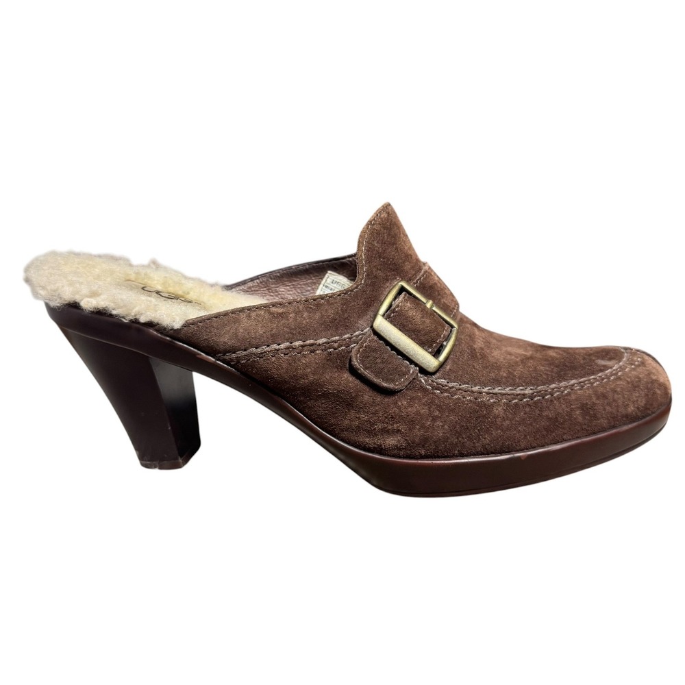UGG Australia Brown Suede Shearling Lined Buckle Heeled Mules 5565 Size‎ 9.5